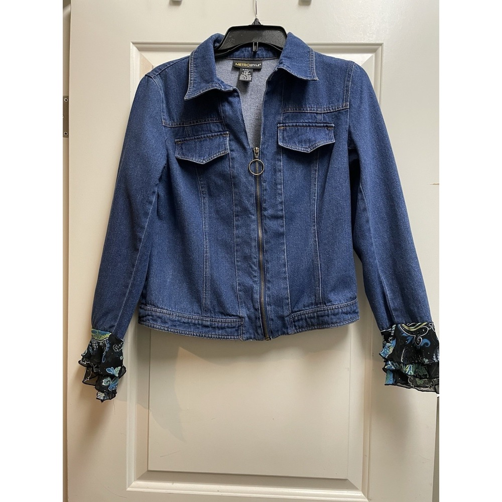 Metrostyle Denim Jean Jacket Sz 6 Blue Zip Front Boho Chiffon Print Cuffs